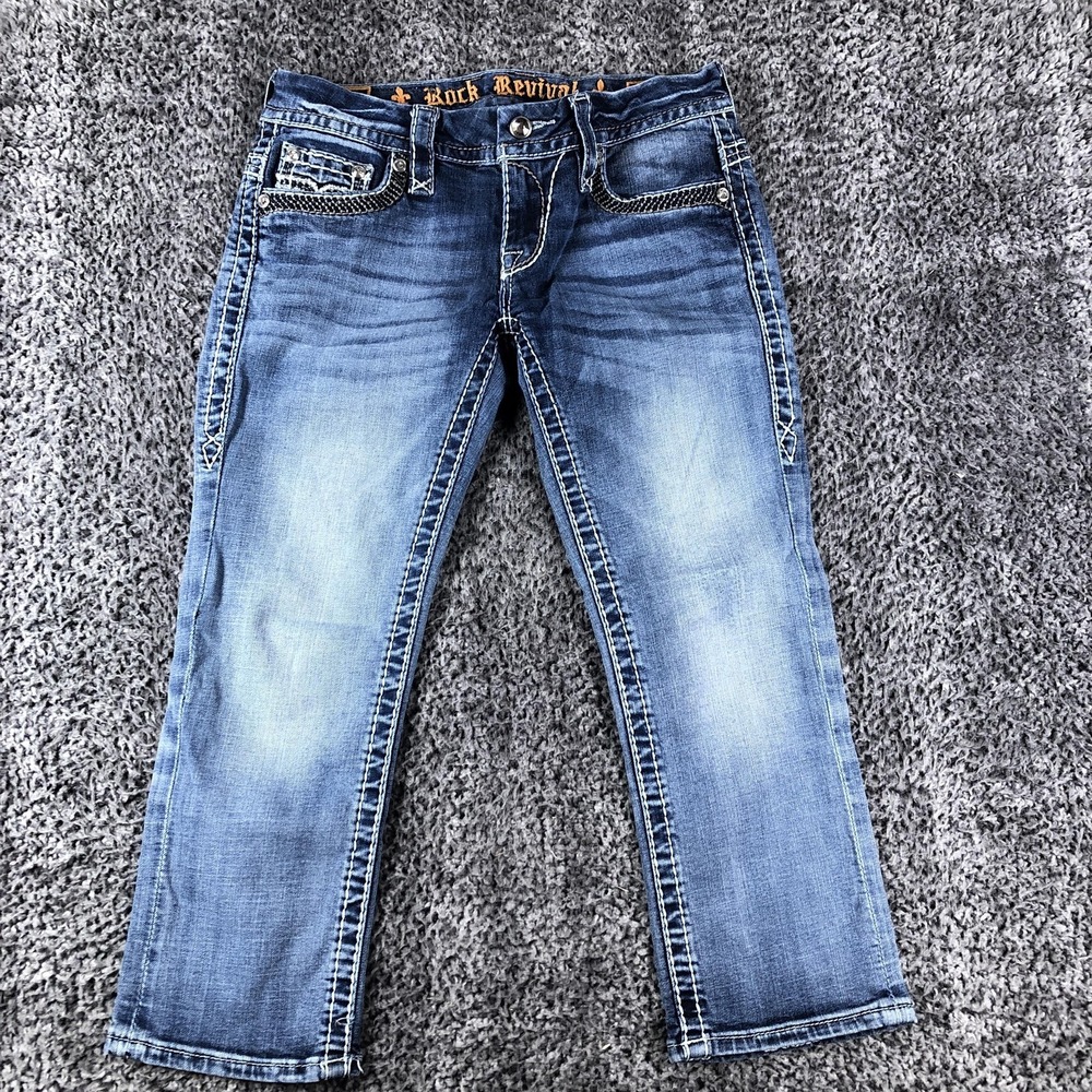 Rock Revival Jeans Womens 27 Blue Med Wash Low Rise Capri Stretch Denim - Picture 3 of 16